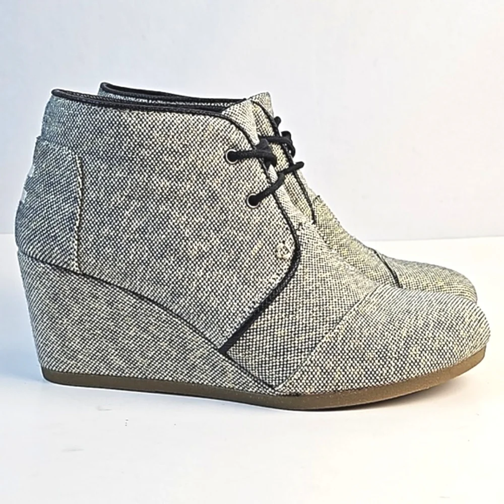 Toms Desert Wedge Linen Tweed Black White Metallic Gold Lace-up Ankle Bootie